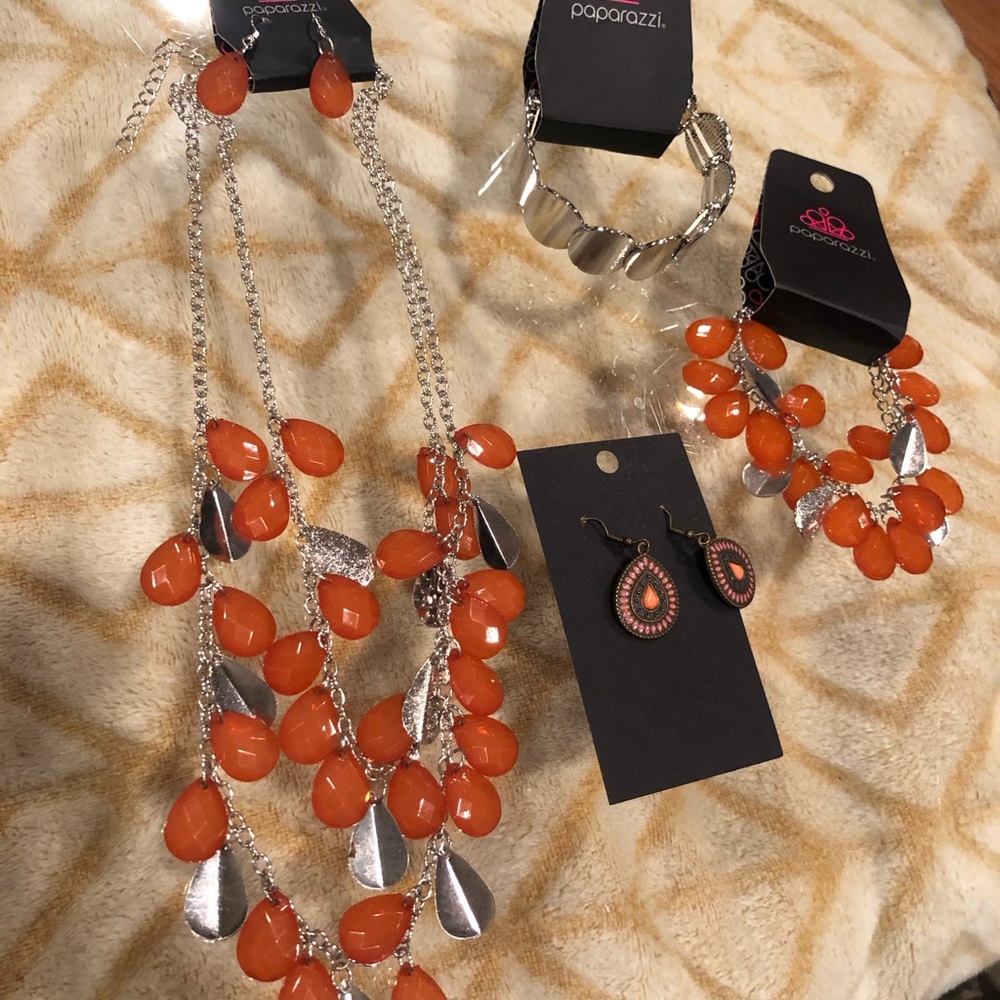 Paparazzi Life of the Fiesta Orange Necklace Set & Silver Bracelet Bundle